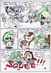 Size: 1658x2380 | Tagged: safe, artist:pandan009, imported from derpibooru, dj pon-3, octavia melody, vinyl scratch, oc, oc:fresca, oc:screwpine, oc:screwpine caprice, pony, bipedal, clothes, comic, crying, dancing, dress, fangirl, female, handkerchief, lesbian, scratchtavia, shipper on deck, shipping, squee, tissue, traditional art, wiping tears