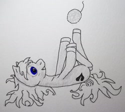 Size: 1280x1153 | Tagged: safe, artist:verandure, imported from derpibooru, oc, oc only, oc:heartbreak, earth pony, pony, blue eyes, branding, drawing, female, heart, human in equestria, human to pony, lying, lying down, male to female, mare, messy mane, my little heartbreak, on back, rule 63, smiling, solo, traditional art, yarn ball