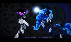 Size: 3000x1800 | Tagged: safe, artist:sevenada, imported from derpibooru, king sombra, nightmare moon, fall of the crystal empire, armor, fight, glare, gritted teeth, magic, open mouth, raised hoof, rearing, smoke, spread wings