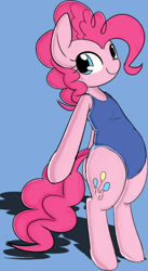 Size: 404x739 | Tagged: safe, artist:mcsadat, artist:thepolymath, imported from derpibooru, pinkie pie, pony, bipedal, blue background, blue swimsuit, clothes, colored, cute, diapinkes, featureless crotch, female, one-piece swimsuit, simple background, smiling, solo, standing on two hooves, sukumizu, swimsuit