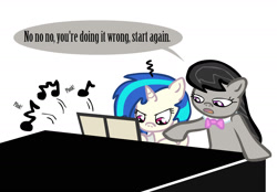 Size: 1552x1080 | Tagged: safe, artist:sausesource, imported from derpibooru, dj pon-3, octavia melody, vinyl scratch, earth pony, pony, unicorn, bowtie, dialogue, duo, female, looking down, mare, music, music notes, musical instrument, onomatopoeia, piano, plink, plonk, sheet music, simple background, speech bubble, teaching, white background