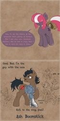 Size: 1600x3200 | Tagged: safe, artist:dreadcoffins, imported from derpibooru, oc, oc:asterisk the witch, changeling, ash williams, boomstick, bruce campbell, chainsaw, crossover, explicit source, garlic, pie, ponified, tail wrap, time travel, tumblr