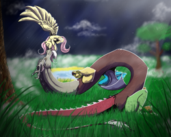 Size: 999x799 | Tagged: safe, artist:dantalianletrou, imported from derpibooru, discord, fluttershy, bedroom eyes, discoshy, eyes closed, female, flying, grass, male, night, on back, shipping, sky, smiling, spread wings, straight, tree