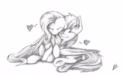 Size: 2805x1752 | Tagged: safe, artist:navigatoralligator, imported from derpibooru, fluttershy, rainbow dash, female, flutterdash, heart, hug, lesbian, monochrome, shipping, traditional art