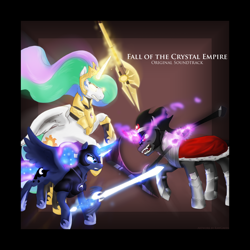 Size: 1800x1800 | Tagged: safe, artist:animatorrawgreen, imported from derpibooru, king sombra, princess celestia, princess luna, fall of the crystal empire, armor, glowing eyes, halberd, magic, scythe, sombra eyes, sword, warrior celestia, warrior luna, weapon