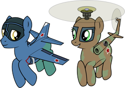 Size: 4000x2827 | Tagged: safe, artist:alignac, artist:jh, deleted from derpibooru, imported from derpibooru, oc, oc only, oc:ludmila, oc:sergei, original species, plane pony, pony, cute, female, flying, helicopter, helicopter pony, helipony, looking at each other, looking at someone, male, mare, mi-8, ocbetes, plane, red star, simple background, smiling, stallion, transparent background, vector, yak-38