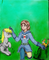 Size: 2354x2877 | Tagged: safe, artist:5618yevon, artist:sdf1jjak, imported from derpibooru, derpy hooves, human, crossover, grass, hayao miyazaki, high res, nausicaa & derpy, nausicaa of the valley of the wind, rock, squirrel fox, studio ghibli, teto, that one nameless background pony we all know and love, traditional art