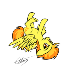 Size: 1000x1000 | Tagged: safe, artist:ethaes, imported from derpibooru, spitfire, female, floppy ears, looking at you, on back, solo, spread wings