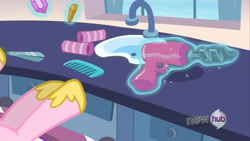Size: 1280x720 | Tagged: safe, imported from derpibooru, screencap, princess cadance, games ponies play, comb, drill, female, hair curlers, hub logo, out of context, power tools, scissors, solo