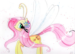 Size: 1152x836 | Tagged: safe, artist:prettypinkpony, imported from derpibooru, fluttershy, breezie, pony, female, flower, flower in hair, looking back, solo, traditional art