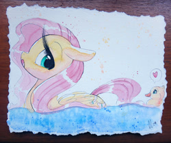 Size: 958x800 | Tagged: safe, artist:prettypinkpony, imported from derpibooru, fluttershy, pegasus, pony, duckling, female, heart, long eyelashes, looking back, solo, traditional art, water