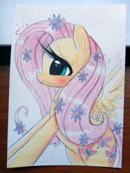Size: 794x1058 | Tagged: safe, artist:prettypinkpony, imported from derpibooru, fluttershy, pegasus, pony, big curvy eyelashes, female, flower in hair, impossibly long eyelashes, long eyelashes, smiling, solo, traditional art