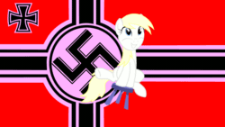 Size: 960x540 | Tagged: safe, artist:accu, imported from derpibooru, oc, oc only, oc:aryanne, earth pony, pony, animated, aryanbetes, blonde, bored, chair, cute, female, grin, iron cross, mare, nazi, pink, rocking, show accurate, sitting, smiling, solo, stool, stooldash, swastika