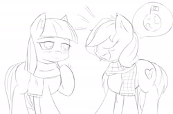 Size: 2652x1758 | Tagged: safe, artist:randy, imported from derpibooru, maud pie, oc, oc:aryanne, earth pony, pony, black and white, blushing, clothes, flag, globe, grayscale, heart, monochrome, nazi, politics, scarf, sketch, speech bubble, speed lines, swastika, winter