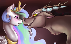 Size: 592x369 | Tagged: safe, artist:kittyisawolf, imported from derpibooru, discord, princess celestia, dislestia, female, male, shipping, straight