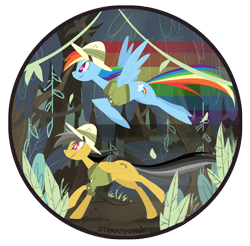 Size: 800x787 | Tagged: safe, artist:starrypon, imported from derpibooru, daring do, rainbow dash, flying, jungle, mare, rainbow trail