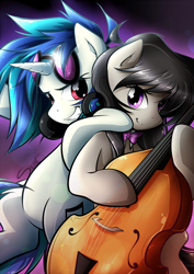 Size: 620x876 | Tagged: safe, artist:secret-pony, imported from derpibooru, dj pon-3, octavia melody, vinyl scratch, earth pony, pony, unicorn, cello, musical instrument