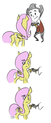 Size: 256x609 | Tagged: safe, artist:furseiseki, imported from derpibooru, fluttershy, human, pegasus, pony, comic, crossover, cute, don't starve, female, hay, mare, video game crossover, wilson (don't starve)