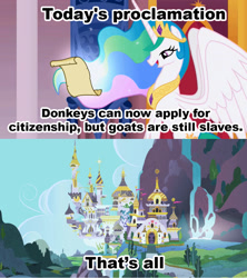 Size: 1021x1149 | Tagged: safe, imported from derpibooru, princess celestia, donkey, goat, canterlot, celestia's proclamation, equal rights, exploitable meme, meme, politics, slavery, tyrant celestia