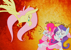 Size: 900x640 | Tagged: safe, artist:frostadflakes, imported from derpibooru, fluttershy, pinkie pie, rarity, putting your hoof down, angry, crying, eye twitch, flying, lol, open mouth, sad, spread wings, tongue out, vulgar, wide eyes, yelling