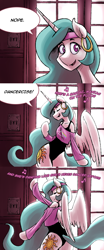 Size: 1000x2400 | Tagged: safe, artist:romanrazor, imported from derpibooru, princess celestia, pony, semi-anthro, good morning celestia, 80s, bipedal, blue-mane celestia, clothes, cute, cutelestia, dancing, earring, exercise, eyes closed, female, flashdance, headband, leotard, looking at you, pink floyd, shirt, smiling, solo, the dark side of the moon, the monkey, tumblr