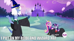 Size: 842x469 | Tagged: safe, edit, edited screencap, imported from derpibooru, screencap, discord, princess cadance, twilight sparkle, alicorn, draconequus, pony, all new, bloodninja, blue flu, castle, female, glasses, hat, hub logo, i put on my robe and wizard hat, image macro, male, mare, meme, necktie, robes, text, twilight sparkle (alicorn), twily trotter, wizard hat