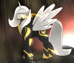 Size: 2600x2200 | Tagged: safe, artist:marik azemus34, imported from derpibooru, oc, oc only, alicorn, pony, alicorn oc, armor, frown, glowing eyes, looking back, rain, serious face, solo, spread wings, the elder scrolls