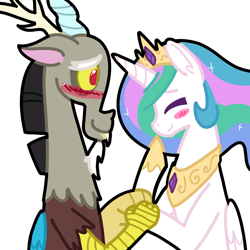 Size: 1280x1280 | Tagged: safe, artist:kizzy-chan, imported from derpibooru, discord, princess celestia, blushing, dislestia, female, male, shipping, straight