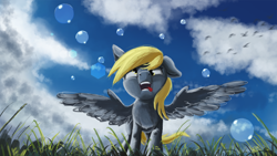 Size: 5760x3240 | Tagged: safe, artist:hierozaki, imported from derpibooru, derpy hooves, pegasus, pony, bubble, cloud, cloudy, cute, derpabetes, female, field, hnnng, mare, solo, wingboner