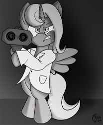 Size: 1062x1280 | Tagged: safe, artist:frisky, imported from derpibooru, princess luna, pony, clothes, cute, female, filly, grayscale, lab coat, monochrome, rocket launcher, science woona, solo, woona