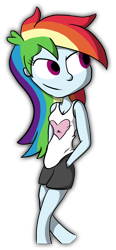 Size: 1150x2475 | Tagged: safe, artist:liggliluff, imported from derpibooru, rainbow dash, human, cleavage, clothes, female, humanized, shorts, solo, tanktop