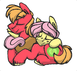 Size: 679x618 | Tagged: safe, artist:artflicker, imported from derpibooru, big macintosh, fluttershy, earth pony, pegasus, pony, adorascotch, big macintosh's yoke, buttermac, butterscotch, cuddling, cute, duo, fluttermac, gay, half r63 shipping, macabetes, male, rule 63, rule63betes, shipping, simple background, stallion, white background