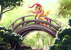 Size: 1000x707 | Tagged: safe, artist:yulyeen, imported from derpibooru, fluttershy, pegasus, pony, bridge, female, forest, golden gate park, kallisti, scenery, solo, windswept mane