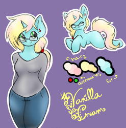 Size: 604x611 | Tagged: safe, artist:bunnycat, imported from derpibooru, oc, oc only, anthro, unicorn, adoptable, clothes, eyes closed, glasses, looking at you, ponytail, smiling