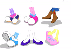 Size: 2338x1700 | Tagged: safe, artist:toonboy1029, imported from derpibooru, applejack, fluttershy, pinkie pie, rainbow dash, rarity, twilight sparkle, equestria girls, boots, clothes, cowboy boots, feet, high heels, legs, mane six, pictures of legs, saddle shoes, shoes, slippers, sneakers