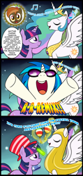 Size: 712x1500 | Tagged: safe, artist:madmax, imported from derpibooru, button mash, dj pon-3, princess celestia, twilight sparkle, vinyl scratch, magical mystery cure, ascension realm, banana suit, bananalestia, breaking the fourth wall, comic, easter, easter egg, glowstick, hat, konami code, maracas, music notes, musical instrument, princess celestia's special princess making dimension, singing, video game, wat