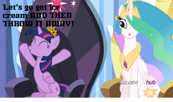 Size: 1280x752 | Tagged: safe, edit, edited screencap, imported from derpibooru, screencap, princess celestia, twilight sparkle, alicorn, pony, equestria games (episode), :o, bobobo-bo bo-bobo, caption, equestria games, female, hub logo, image macro, mare, meme, new crown, over, quote, sitting, throne, twilight sparkle (alicorn)