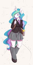 Size: 975x1875 | Tagged: safe, artist:alasou, imported from derpibooru, princess celestia, anthro, backpack, book, bookmark, clothes, female, necktie, school uniform, schoolgirl, shoes, simple background, skirt, socks, solo