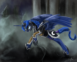 Size: 1280x1024 | Tagged: safe, artist:silfoe, imported from derpibooru, princess luna, lunadoodle, armor, braid, female, fog, frown, glare, gritted teeth, leather, pose, running, shadow, solo, spread wings, tail wrap, warrior luna