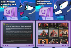 Size: 1126x769 | Tagged: safe, imported from derpibooru, princess luna, gamer luna, angry, crying, demoknight, demoman, exploitable meme, heavy, heavy weapons guy, medic, meme, obligatory pony, pyro, sniper, team fortress 2, tears of joy, tv meme