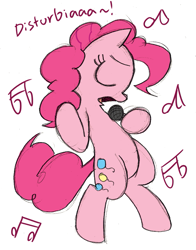 Size: 939x1200 | Tagged: safe, artist:mickeymonster, imported from derpibooru, pinkie pie, pony, bipedal, disturbia, eyes closed, female, microphone, music notes, rihanna, singing, sketch, solo