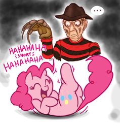 Size: 949x1000 | Tagged: safe, artist:mickeymonster, imported from derpibooru, pinkie pie, earth pony, pony, ..., angry, crossover, epic fail, fail, failure, freddy krueger, giggling, happy, laughing, laughter song, slasher, snorting