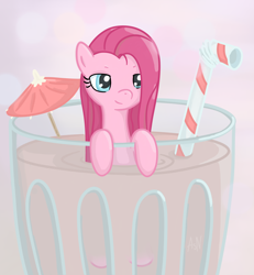 Size: 2156x2336 | Tagged: safe, artist:astranordy, imported from derpibooru, pinkie pie, earth pony, pony, cup of pony, cute, cuteamena, drink, female, leaning, lidded eyes, mare, micro, pinkamena diane pie, shrunk, smiling, solo, straw, tiny ponies, umbrella, wet fur, wet mane