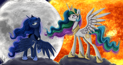 Size: 1920x1020 | Tagged: safe, artist:sakurawolfer, artist:wourdeluck, imported from derpibooru, princess celestia, princess luna, glare, moon, raised hoof, sisters, smiling, spread wings, standing, sun