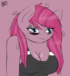 Size: 995x1089 | Tagged: safe, artist:ensayne, imported from derpibooru, pinkie pie, anthro, bags under eyes, cleavage, female, grumpy, pinkamena diane pie, solo