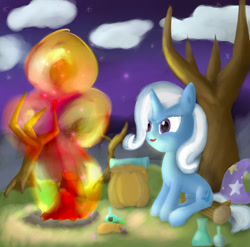 Size: 1280x1267 | Tagged: safe, artist:theskrayp, imported from derpibooru, trixie, pony, unicorn, campfire, female, fire, mare, night, solo