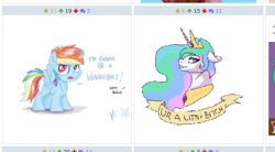 Size: 668x370 | Tagged: safe, imported from derpibooru, princess celestia, rainbow dash, derpibooru, exploitable meme, filly, juxtaposition, juxtaposition win, meme, meta, mouthpiece, vulgar