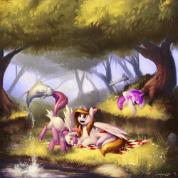 Size: 1250x1250 | Tagged: safe, artist:eosphorite, imported from derpibooru, oc, oc only, oc:akira, oc:star myst, alicorn, fish, pegasus, pony, unicorn, :q, alicorn oc, balancing, biting, bucking, butt, colt, cute, eyes closed, female, fishing, forest, grass, laughing, licking, licking lips, looking back, male, mare, nature, open mouth, picnic, plot, prone, raised leg, salmon, scenery, smiling, tail bite, tail fishing, tongue out, tree, underhoof, wat, water