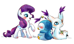 Size: 800x483 | Tagged: dead source, safe, artist:phyllismi, imported from derpibooru, rarity, bird, cat, gatomon, penguin, piplup, pony, unicorn, crossover, digimon, female, mare, pokémon, simple background, white background