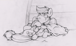 Size: 3060x1856 | Tagged: safe, artist:dfectivedvice, imported from derpibooru, apple bloom, applejack, blanket, crying, eyes closed, floppy ears, grayscale, looking up, monochrome, mouth hold, on back, pouting, prone, sad, sisters, sleeping, snuggling, traditional art